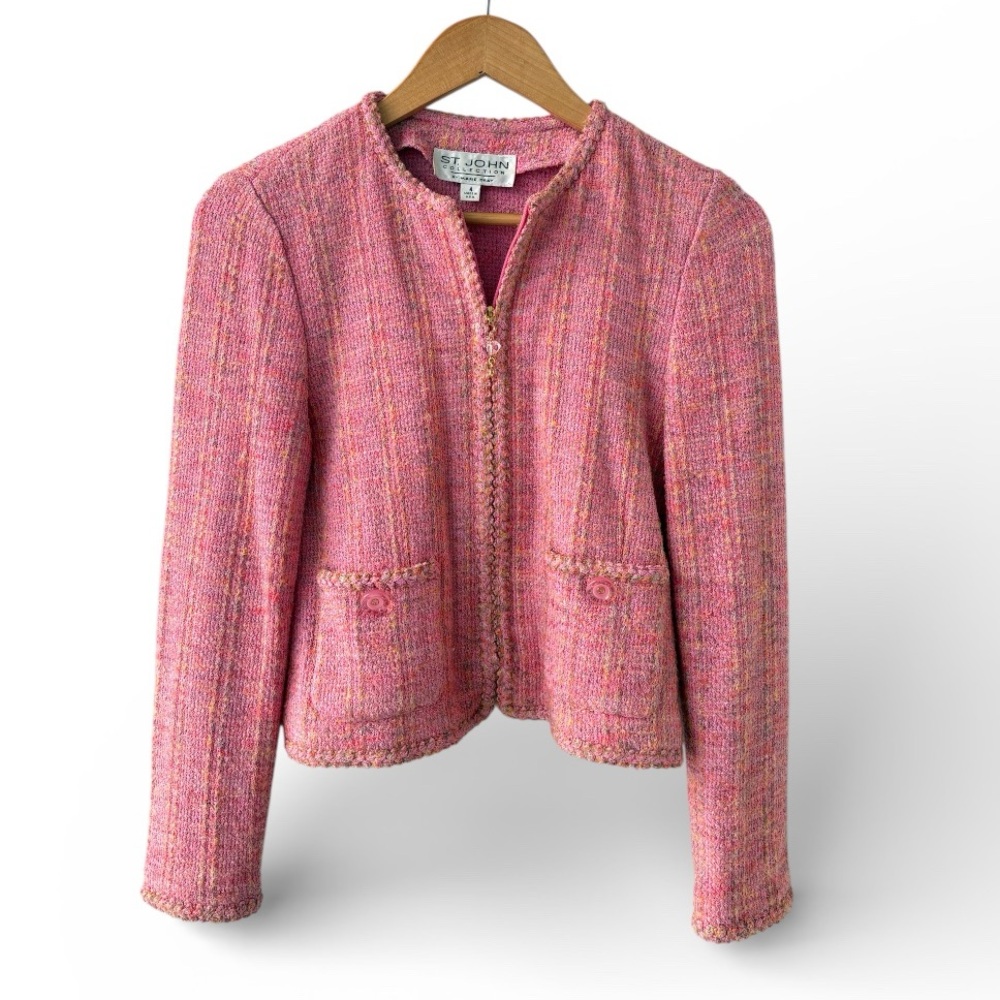 St. John Collection Pink Knit Zip Front Jacket Blazer Size 4 USA Made